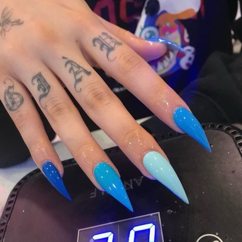 Set of Multi Color Blue Stilletto/Almond Reusable Press On Long Nails! XL Length